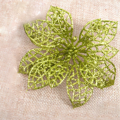 Set of 10 golden 15cm glitter flowers for Christmas trees in gold, silver, red colours