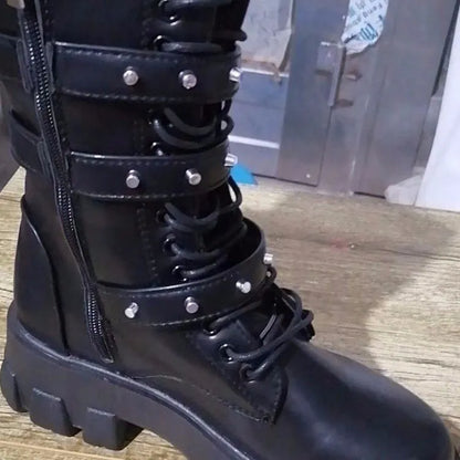 Women's black mid-calf knight boots with side zipper and metal buckle details