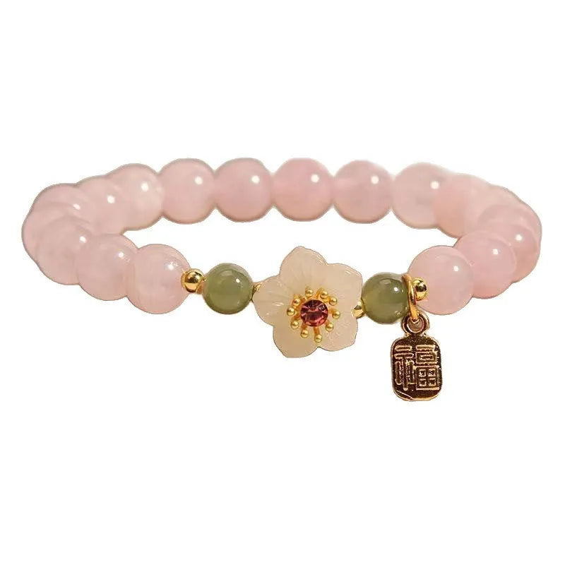 Crystal bracelet with Hetian jade beads and peach blossom charms in pastoral national style for women