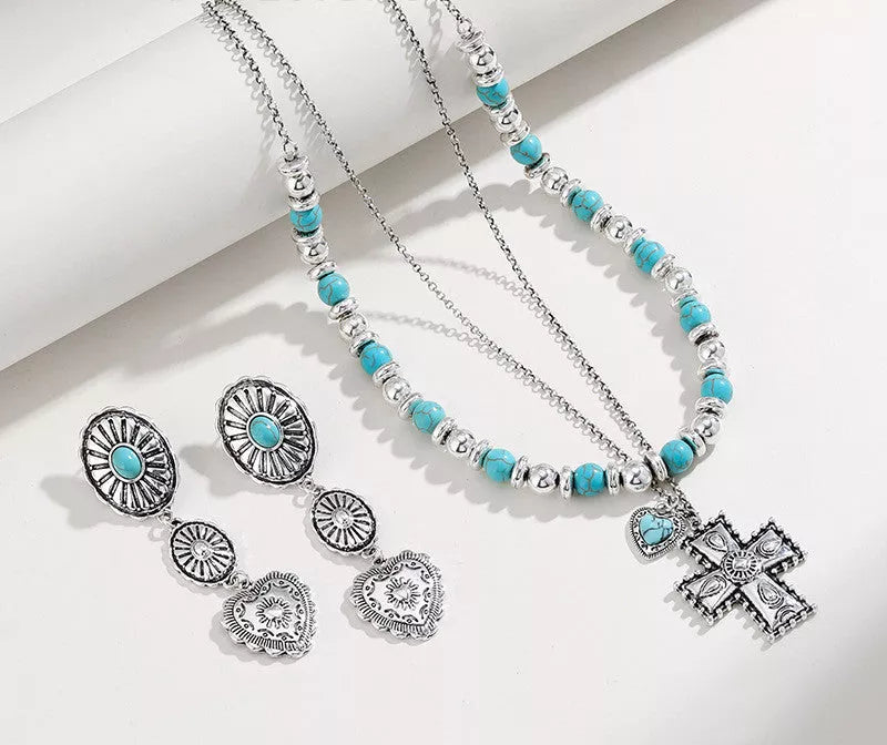 Semi-precious stone beaded twin earrings for women in original design with crosses and hearts