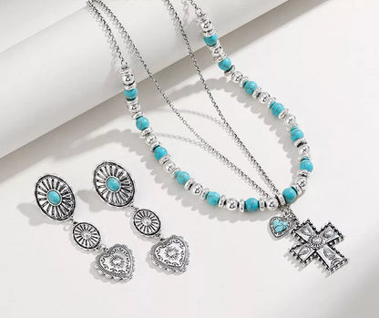 Semi-precious stone beaded twin earrings for women in original design with crosses and hearts