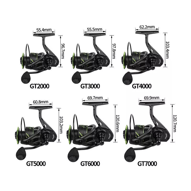 Full metal fishing reel in black with interchangeable handle for left or right hand use