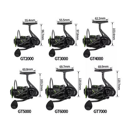 Full metal fishing reel in black with interchangeable handle for left or right hand use