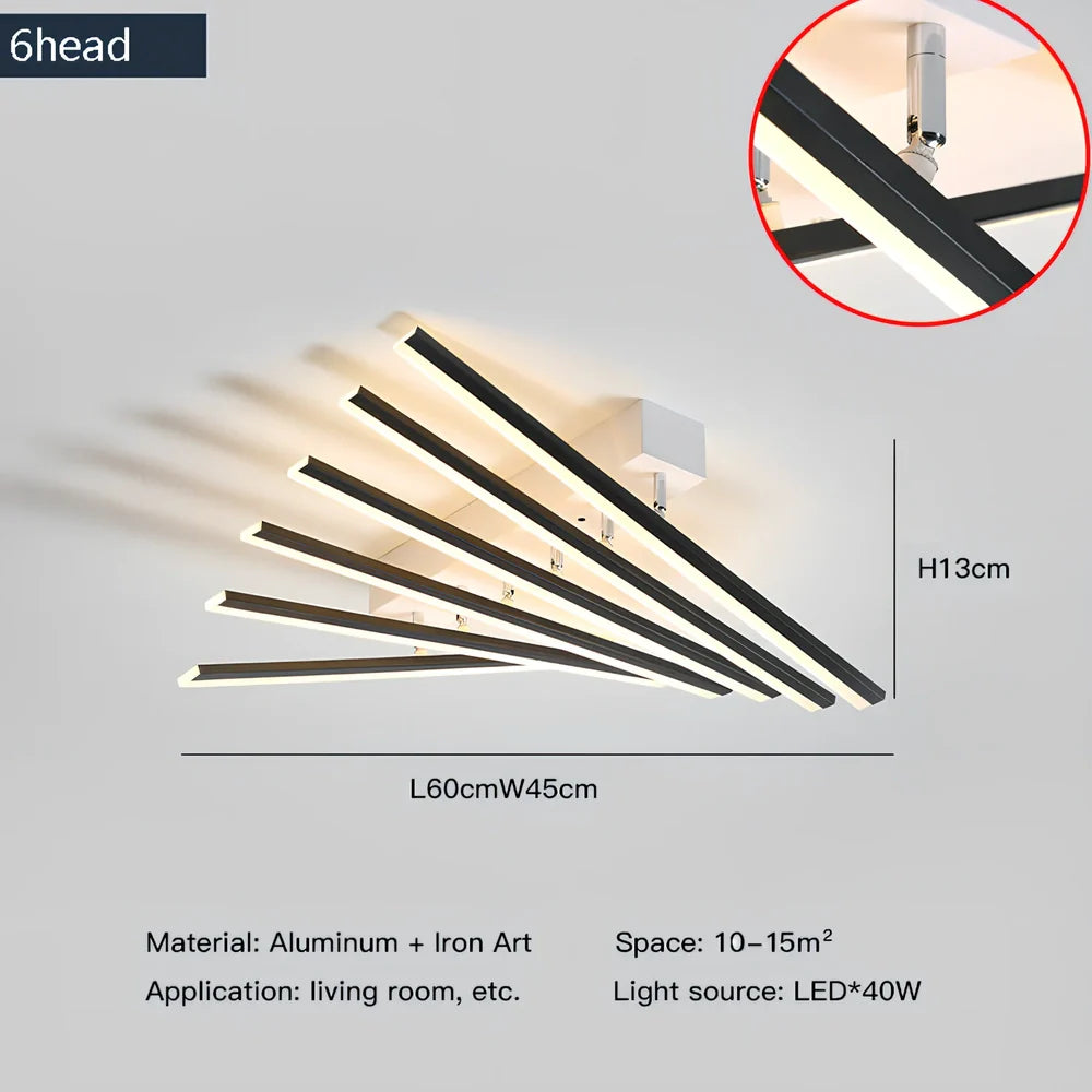 Modern ceramic ceiling light with six adjustable LED heads in black or gold finish, 50cm span