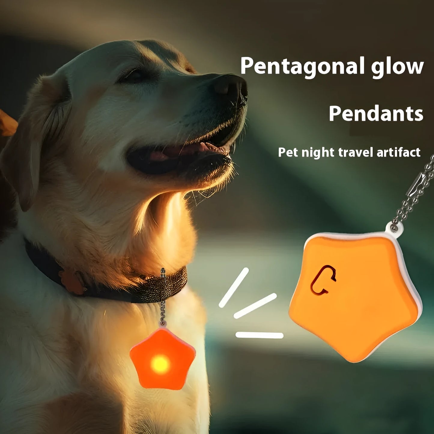 Blue rechargeable pet pendant light attached to dog collar showing three lighting modes