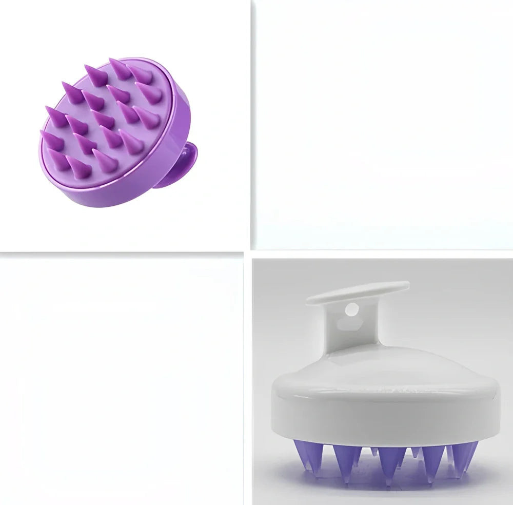 Black silicone shampoo brush with hook design measuring 8x8x7cm for scalp massage during hair washing