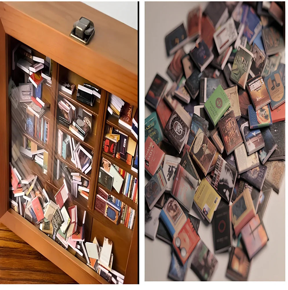 Wooden antique finish bookshelf ornament with 200 small books, 25.4 cm tall for decompression