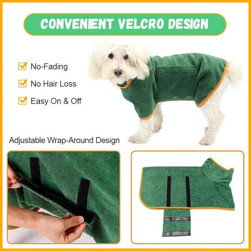 Absorbent dog bathrobe made of soft microfiber material with adjustable waist strap for a custom fit