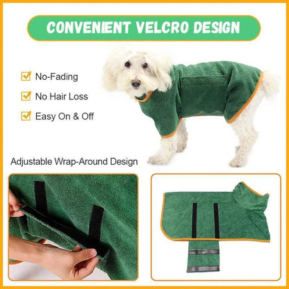 Absorbent dog bathrobe made of soft microfiber material with adjustable waist strap for a custom fit