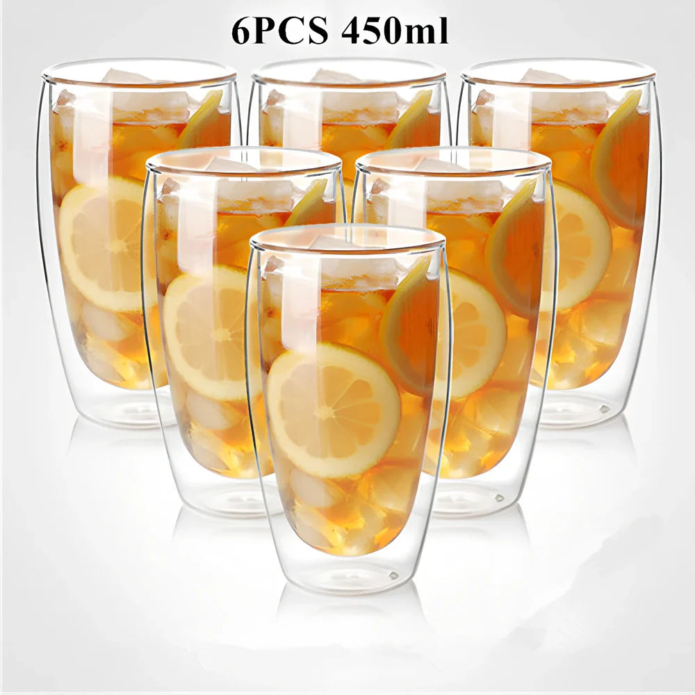 Clear double-layer glass coffee cup with Chinese-style design showing insulating air gap between walls