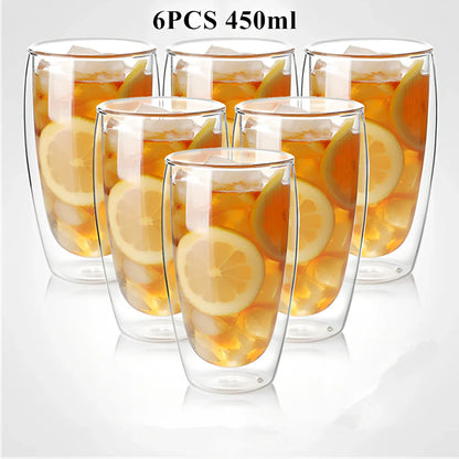 Clear double-layer glass coffee cup with Chinese-style design showing insulating air gap between walls