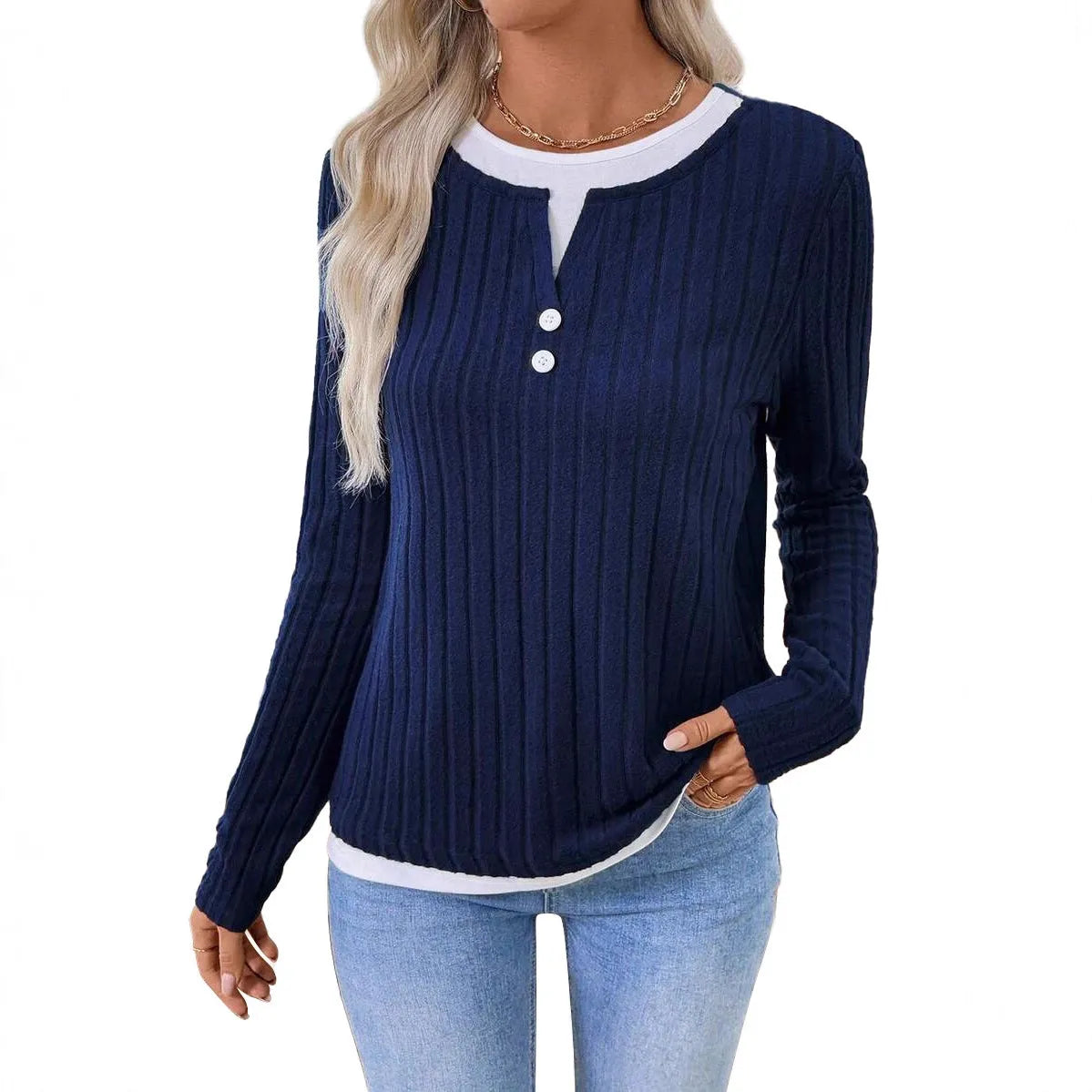 Women's concave stripe pullover sweater with fake two-piece design and button front in street fashion style