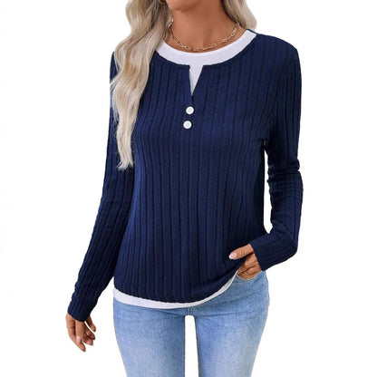 Women's concave stripe pullover sweater with fake two-piece design and button front in street fashion style