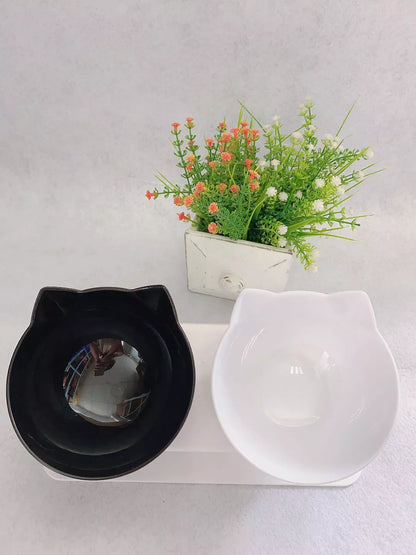 Double bowl cat food bowl with 15° tilt for cervical protection, transparent design with cute cat face