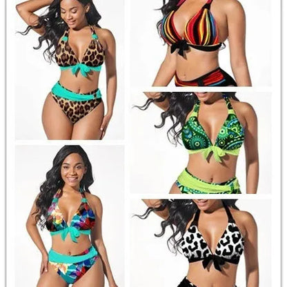 Women's colourful printed plus size bikini swimsuit with stretch spandex lining in various size options