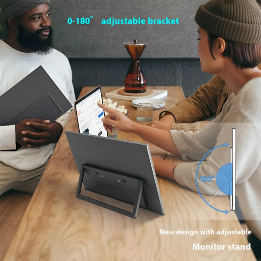 Black 15.6-inch portable computer monitor on its adjustable stand, showing a desktop application on its Full HD IPS screen.