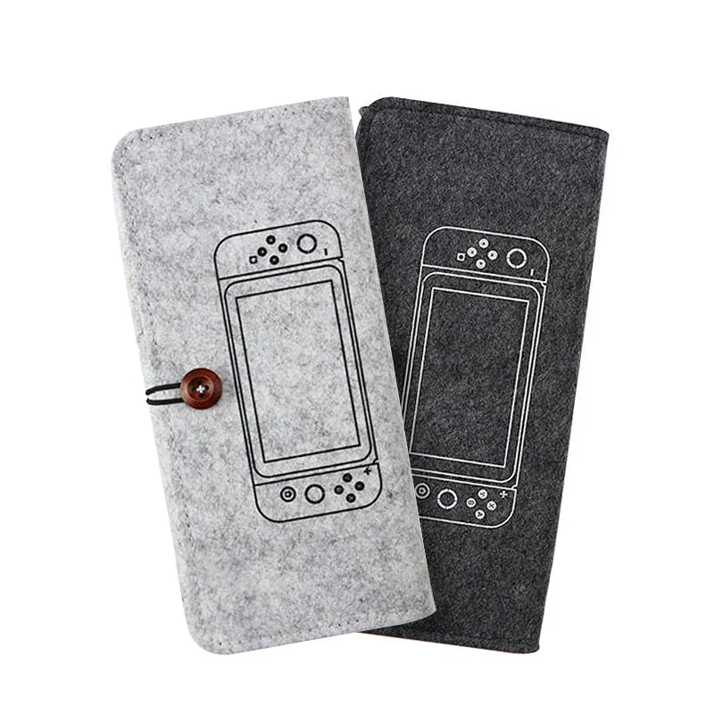 Felt carrying pouch for Nintendo Switch with double layer storage and 5 game card slots, measuring 25.4×10.9×3.5 cm in black or grey soft pack case