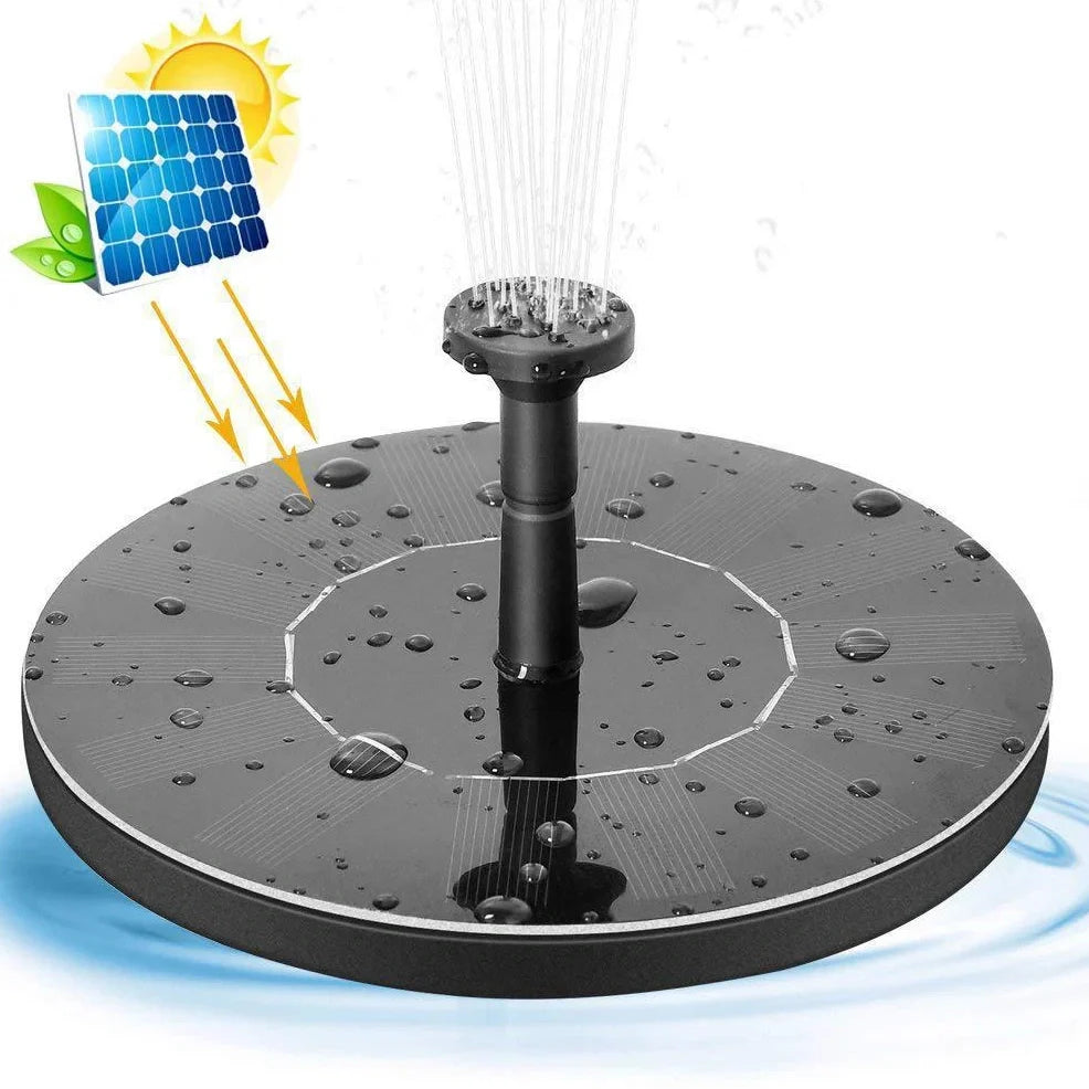 Black solar fountain with water spray in garden pond showing 55cm height and four nozzle options