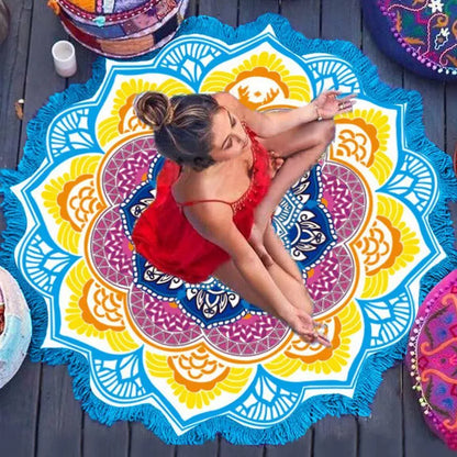 Retro ethnic round yoga mat with tassels, 150cm diameter, made from polyester and polyamide fiber