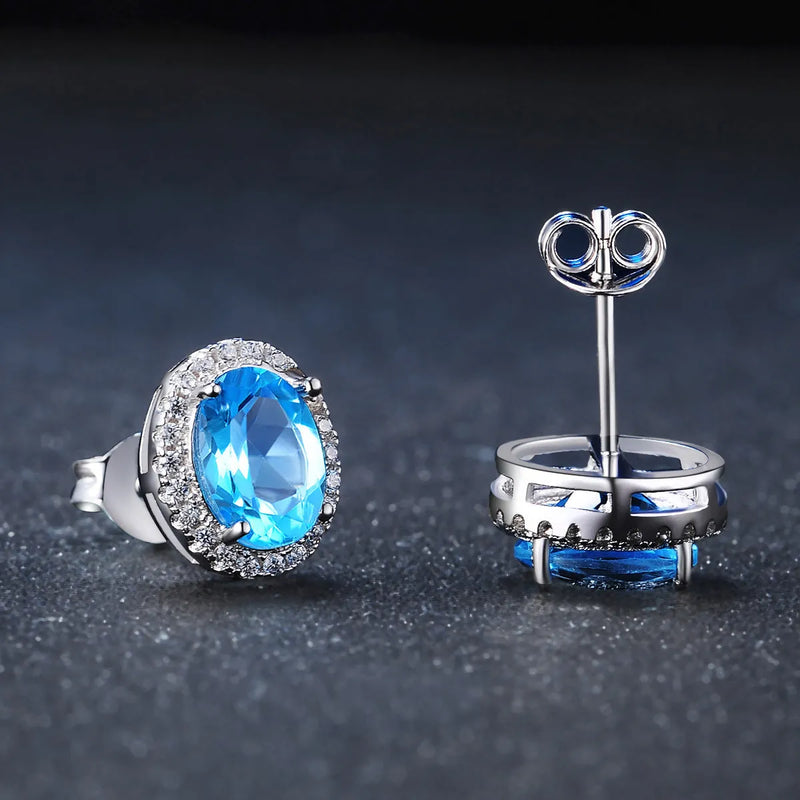 925 Sterling Silver Light Luxury Coloured Gems Jewellery Suit with Blue Topaz: Four-Piece Set Including Earrings, Ring, Pendant, and Necklace for Women's Geometry-Patterned Accessories