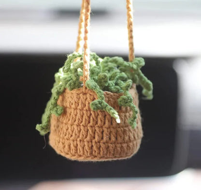 Green and white knitting wool car plant decoration with 8cm base and 25cm hanging rope