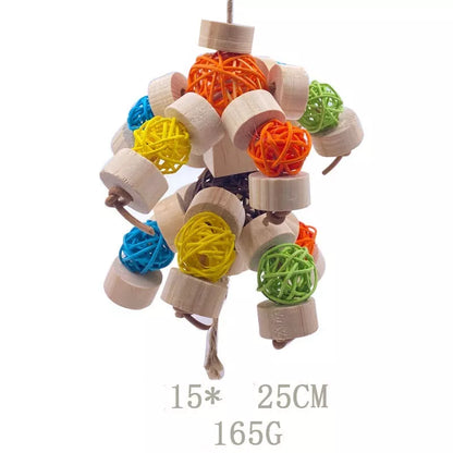 Natural wood nibbling toy for birds, available in small, medium, and large sizes