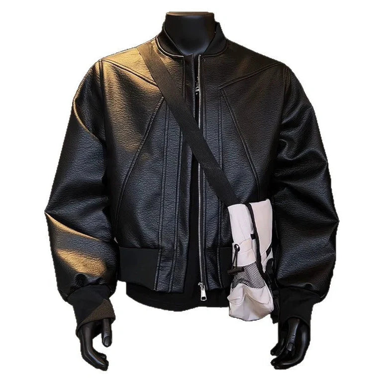 Men's black PU leather jacket with 100cm extended length in light business style