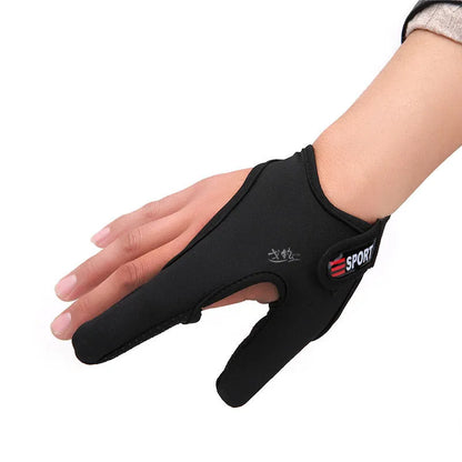 Fishing two finger glove with microfiber palm and diving cloth back, showing thumb and index finger coverage