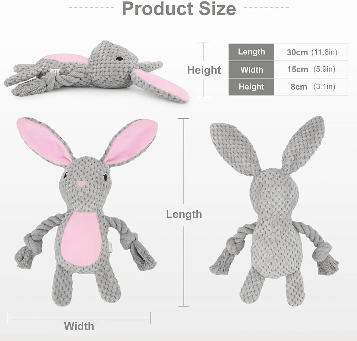 Interactive dog plush toy with squeaker, crinkle paper, and cotton rope in animal designs