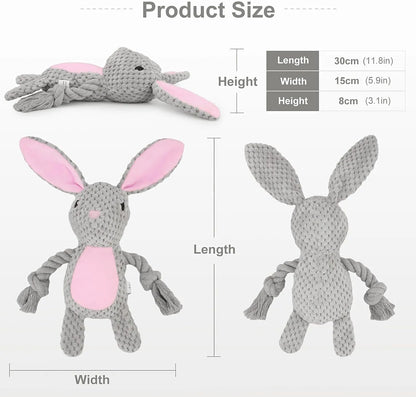 Interactive dog plush toy with squeaker, crinkle paper, and cotton rope in animal designs