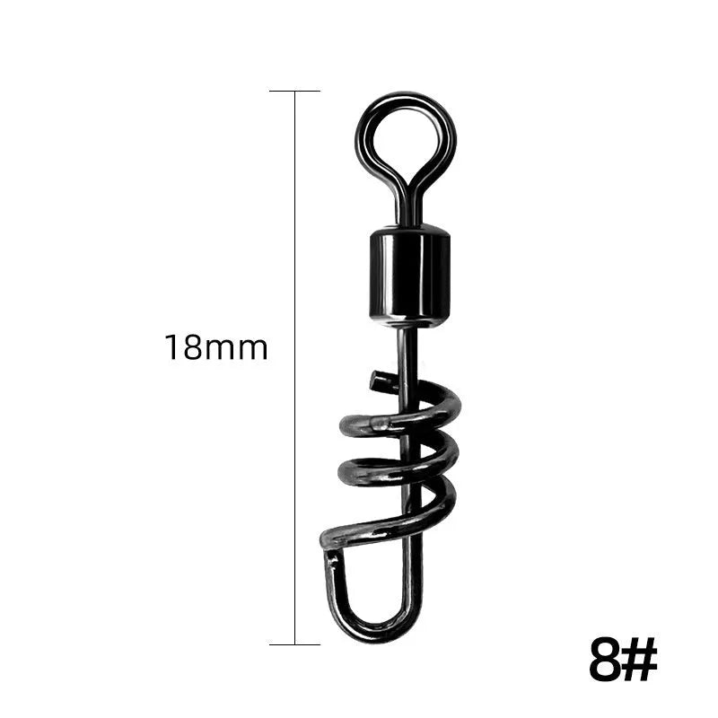 Stainless steel fishing swivel connector with an 8-shaped ring design on a blue background.