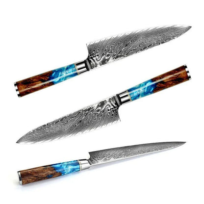 Premium 67-layer Damascus steel chef's knife with elegant brocade pattern, durable corrosion-resistant construction, and ergonomic handle for exceptional cutting performance
