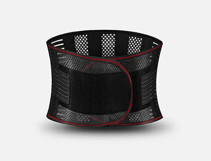 Black sports waist support belt with steel plate for lumbar decompression during fitness and sports.