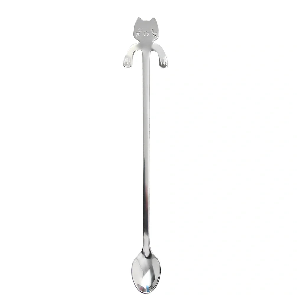 Stainless steel coffee spoon with cartoon cat handle design showing 11.7cm measurement scale