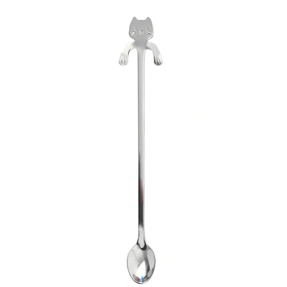 Stainless steel coffee spoon with cartoon cat handle design showing 11.7cm measurement scale