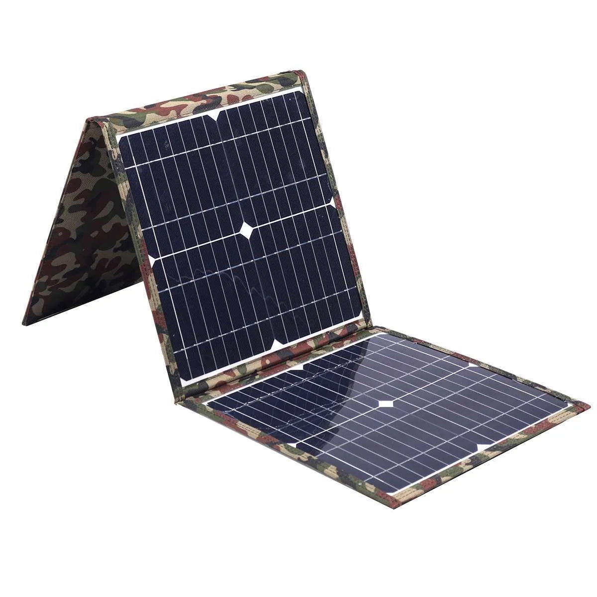 Black foldable portable solar panel unfolded showing solar cells, with included car charger and USB adapter.