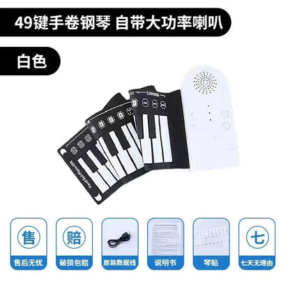 49-key folding electronic keyboard in gloss black with built-in speaker, unfolded to show silicone rubber keys and ABS plastic control panel