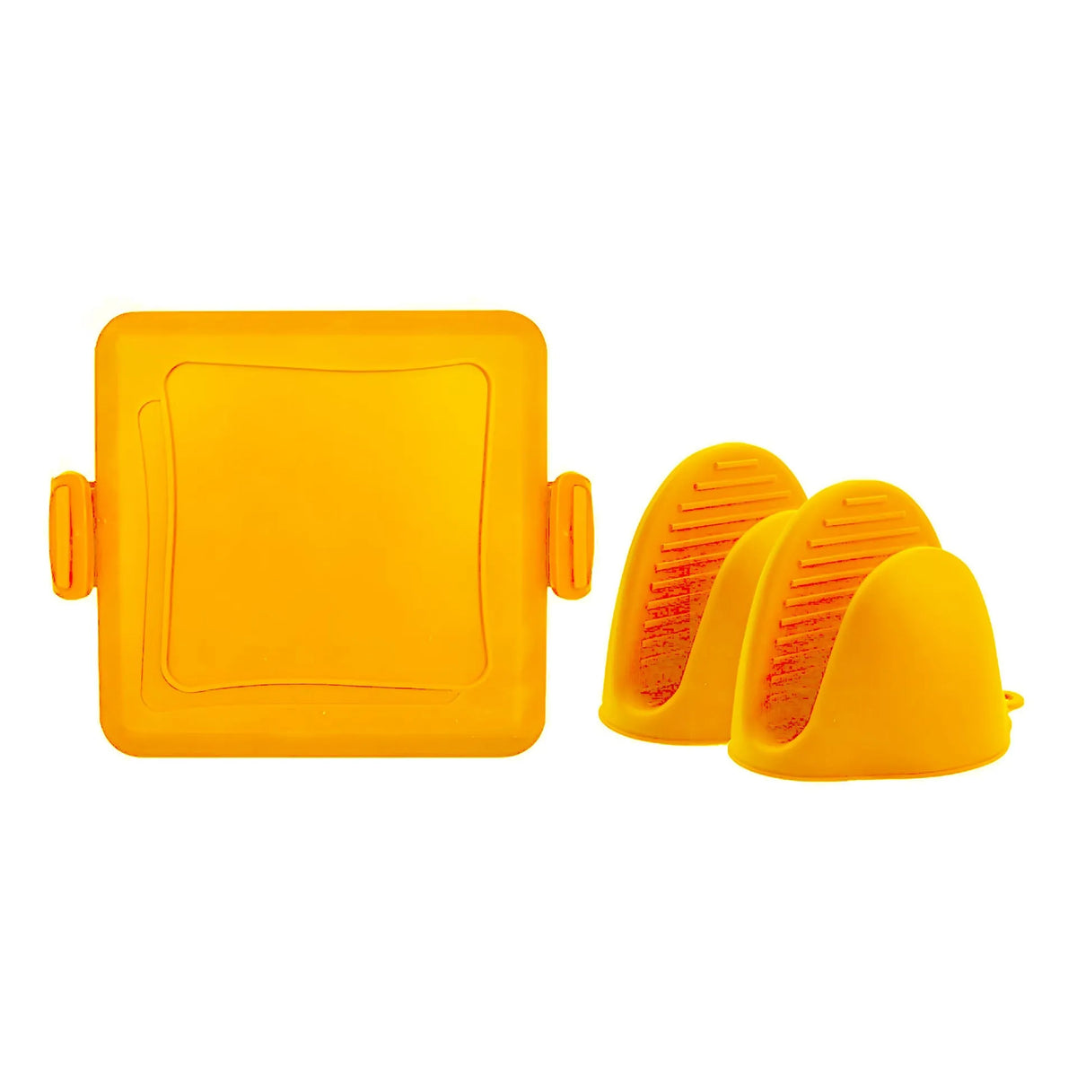 Red silicone baking tray with handbag-shaped mould and matching heat-resistant gloves on kitchen counter