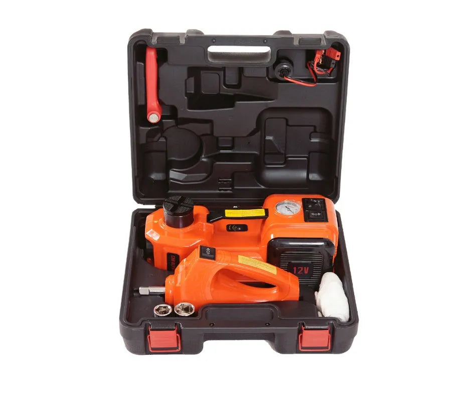 Automotive electro-hydraulic jack with wrench in black or yellow for car tyre changes