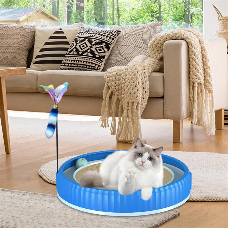 Round cat scratching board with removable pad and toy bell ball in navy blue