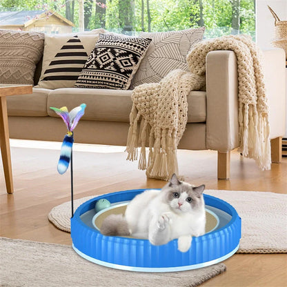 Round cat scratching board with removable pad and toy bell ball in navy blue