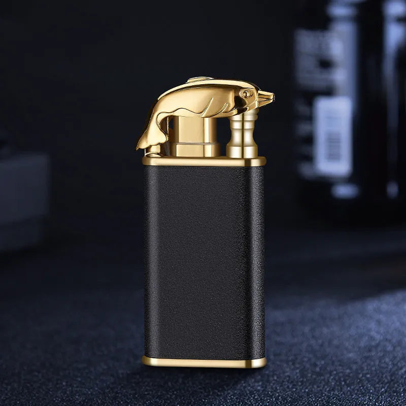 Metal dragon dolphin design double flame windproof lighter with blue jet fire