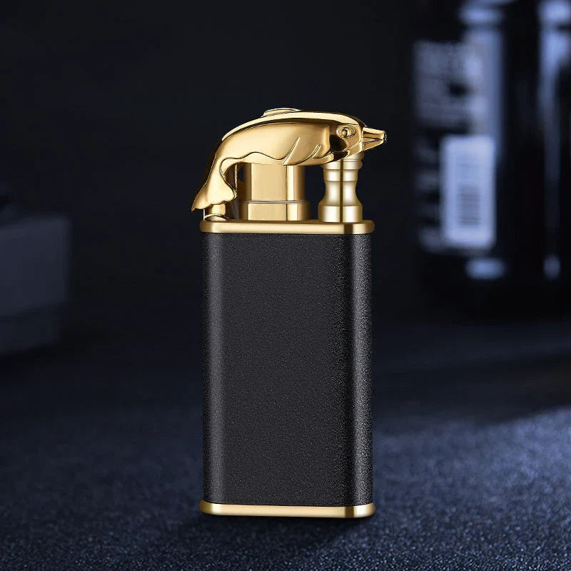 Innovative dragon and dolphin lighters with dual-flame design, made of premium metal and featuring intricately crafted mythical creature motifs.