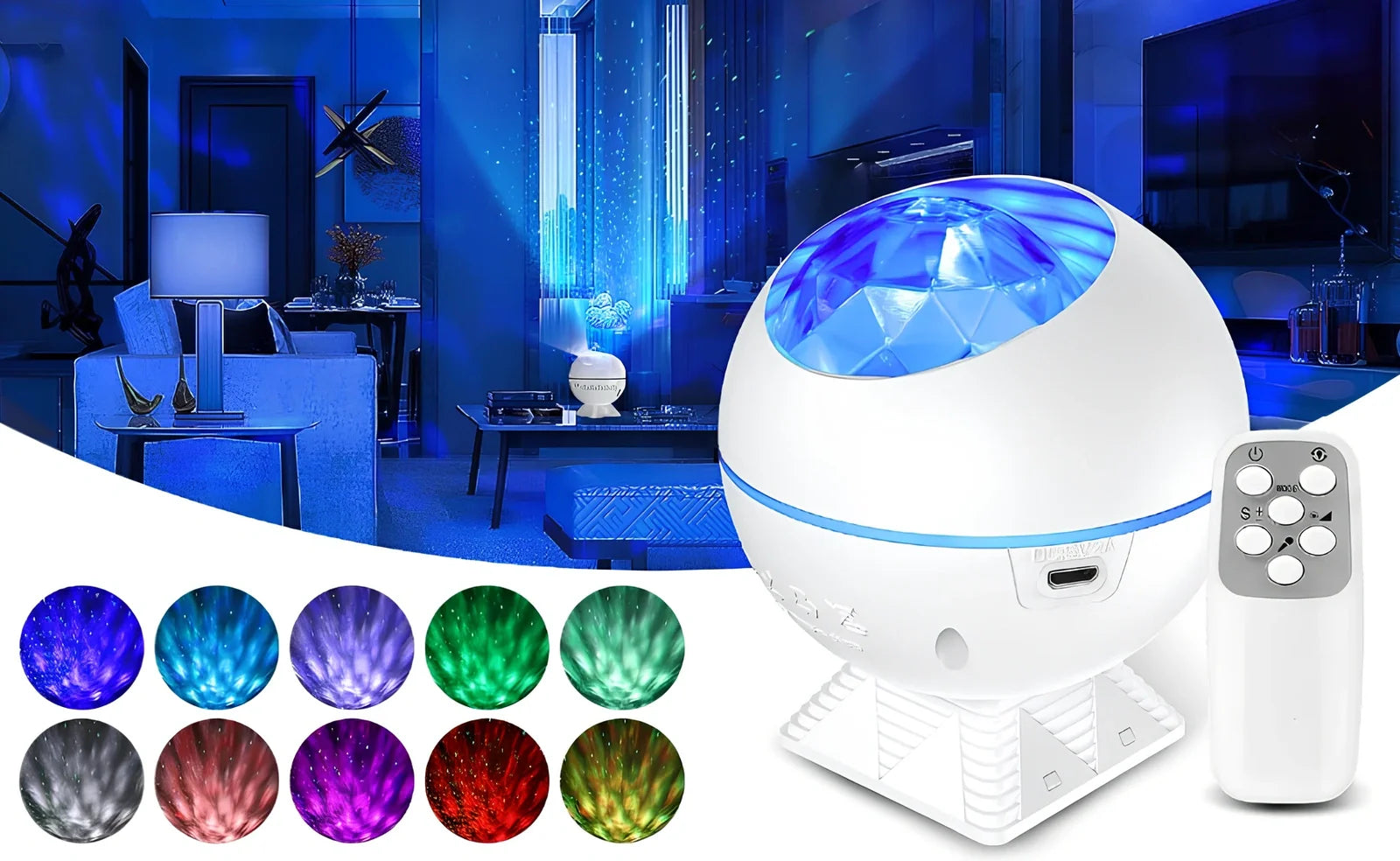 White spherical voice control LED star projection lamp with 9cm diameter and USB cable