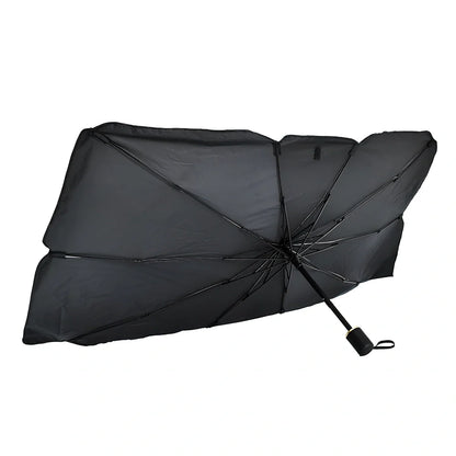 Foldable car windshield sunshade with titanium silver coating and black steel frame in three sizes