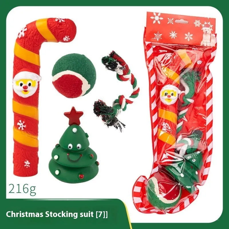 Christmas vinyl dog chew toys set with Santa heads, trees, balls and bite ropes for medium to large dogs