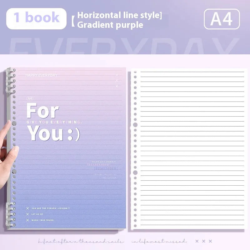 Removable coil gradient notebook in blue with PP cover and wood-free paper, showing coil binding mechanism