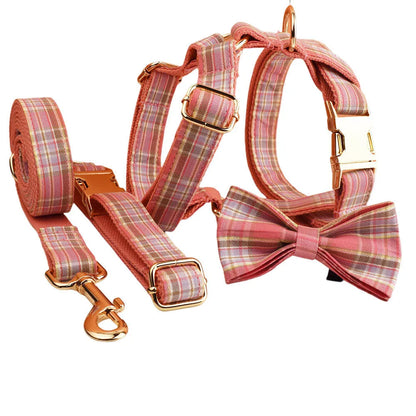 Plaid cloth dog collar and leash set with bow and vest for special occasions