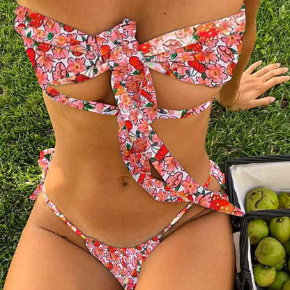Women's wireless cup lace-up split swimsuit in floral print with chest pad, 100% polyester fabric for swimming