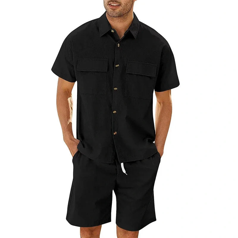 Men's summer suit set with short sleeve lapel shirt and drawstring shorts in various colors